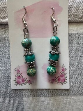Turquoise Bead Dangle Earrings - Silver Accents